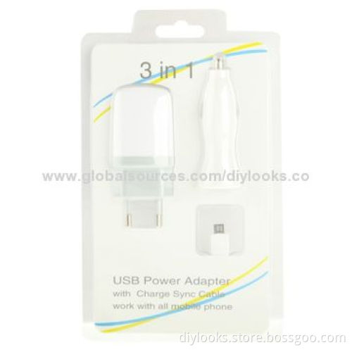 3-in-1 USB Power Adapter + Car Charger + Micro USB Charger Adapter Travel KitNew